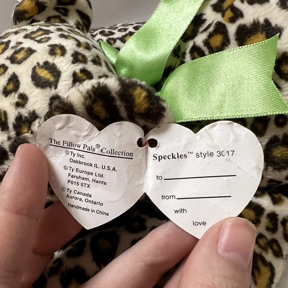 TY Pillow Pal SPECKLES Leopard Plush Green Bow1996 Cheetah Stuffed Animal 13" - Picture 3 of 9